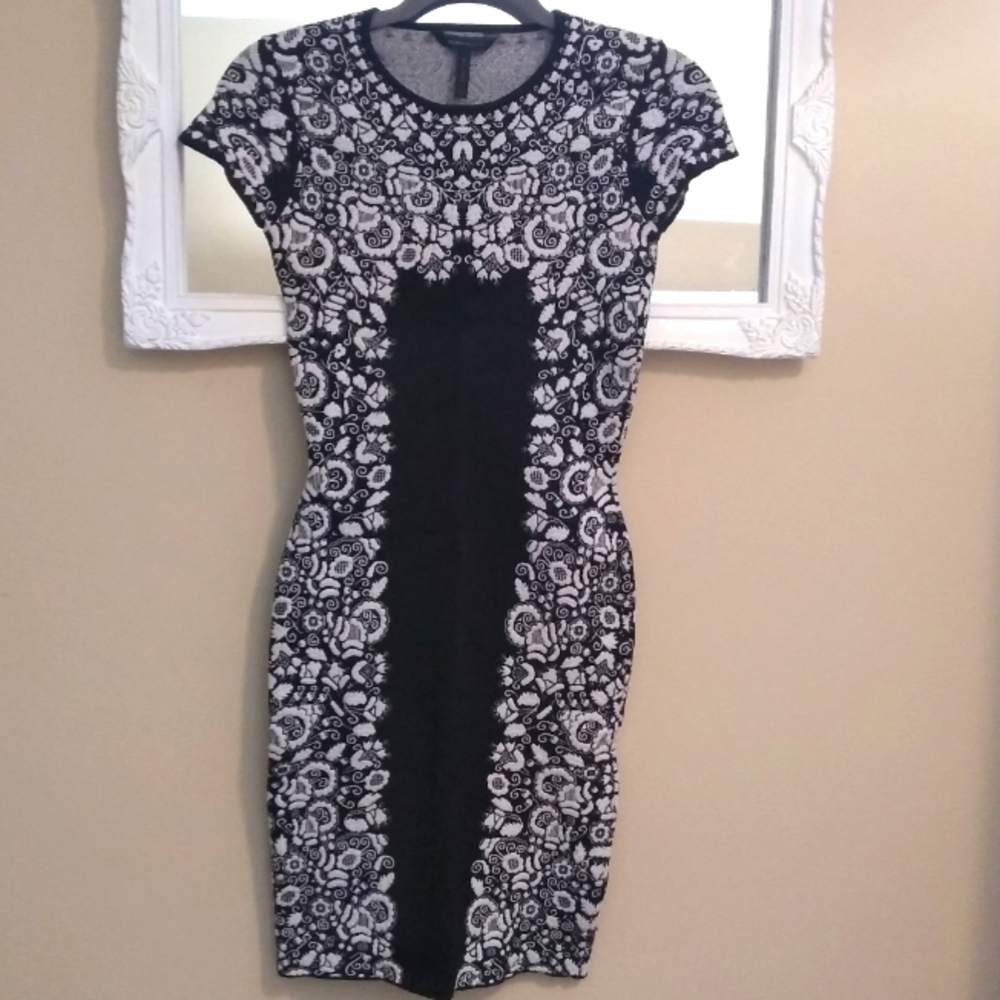BCBGMaxAzria jacquard dress Small "Fabiana" black white floral bodycon fitted